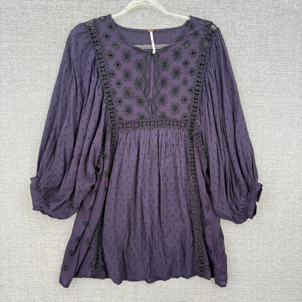 Free People Embroidered Peasant Blouse Women M Purple Boho Eyelet